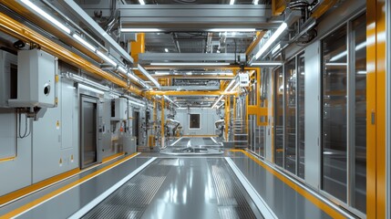 Poster - Modern Industrial Interior with Bright Orange Accents and Sleek Machinery in a High-Tech Manufacturing Facility for Advanced Production Processes