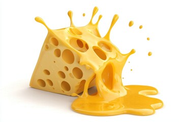 Poster - A slice of cheese with drips and melting sauce splashing isolated on a transparent png background, cheese slice swirled with liquids.