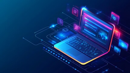 Poster - A digital illustration of a laptop with glowing elements, symbolizing technology and data processing.