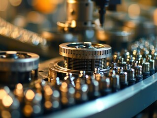 Poster - Close-Up View of Precision Industrial Machinery with Rotating Cogs and Gears Showcasing the Intricate Layout of Mechanical Components in a Factory Environment