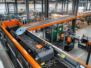Poster - Aerial View of Modern Warehouse with Automated Conveyor System Transporting Goods to Processing Area in Efficient Industrial Environment