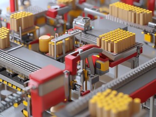 Poster - High-tech automated production line with yellow cylindrical products on conveyor belts in a modern manufacturing facility showcasing efficiency and innovation