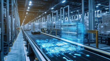 Poster - Futuristic Warehouse with Advanced Technology and Automation, Conveyors and Pallets in Motion, Representation of Smart Logistics and Supply Chain Management Systems