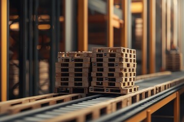 Poster - Industrial warehouse scene showcasing neatly stacked wooden pallets on a slatted conveyor system in a modern logistics environment filled with structures and machinery