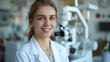 © Waris - Portrait of happy young Caucasian female optician in white medical uniform pose in optics salon. Smiling woman doctor in private clinic or hospital. Eyesight correction. Healthcare, sight problem