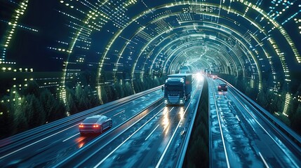 Poster - An advanced road system with trucks and cars on the highway, showing live vehicle count and delivery times, with futuristic lighting.