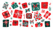 © Plawarn - Set of isolated Christmas gift boxes and present decoration ornaments in cute doodle hand-drawn graphic illustration style on a transparent background. Volume 2: Vivid red and green color tones.