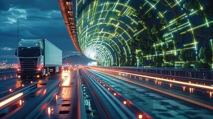 Poster - An advanced road system with trucks and cars on the highway, showing live vehicle count and delivery times, with futuristic lighting.