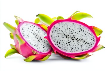 Poster - Isolated dragon fruit Pitaya fruit with half slice on transparent background, ripe tropical natural fruit concept, healthy food with vitamins and minerals. Freshness of juicy fruit.