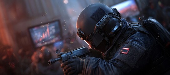 Poster - The image shows a military operator in tactical gear looking at multiple screens in a control room.
