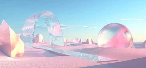 Poster - Rendering, abstract surreal pastel landscape background with architecture and geometric patterns, beautiful gradient sky scene, lake with clam water, minimal design.
