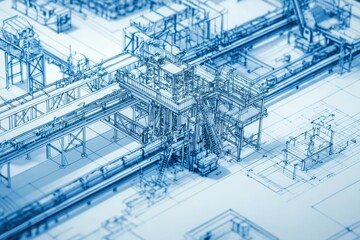 Poster - Detailed Architectural Blueprint Illustration of a Modern Industrial Facility with Intricate Systems and Structures for Engineering and Manufacturing Applications