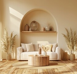 Poster - Interior scene of a boho boho interior with rustic decor, modeled in 3D