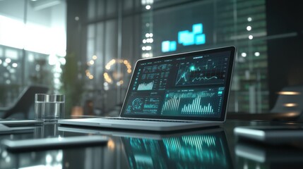 Poster - High-Tech Business Analytics Interface Displayed on Laptop in Modern Office Environment