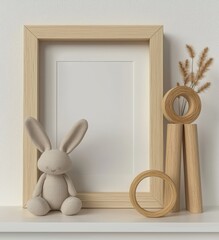Poster - An image of a mock up frame close up in a natural wooden furniture room for children, rendered in 3D