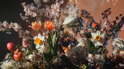 Fototapete - Flowers on a table with beautiful blossoms in the background