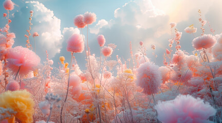 Poster - A vibrant fluffy fantasy field of warm-pastel-colored wildflowers, pastel hues.