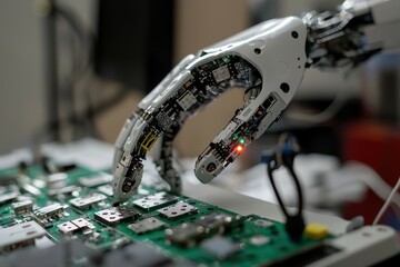 Poster - Close-Up of a Robotic Hand Interacting with a Circuit Board, Showcasing Advanced Technology and Precision Engineering in Robotics and Electronics