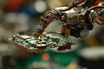Poster - Close-Up of a Robotic Arm Holding a Circuit Board in a High-Tech Laboratory Environment with Electronics and Components in Background