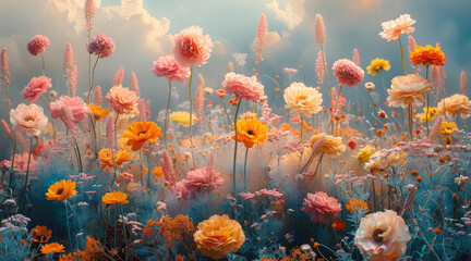 Poster - A vibrant fluffy fantasy field of warm-pastel-colored wildflowers, pastel hues.