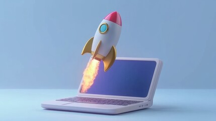 Poster - Laptop with a rocket taking off. Concept of earning money online, working in digital business, entrepreneurship, cryptocurrency,investment, digital marketing, 3d render, illustration, typography