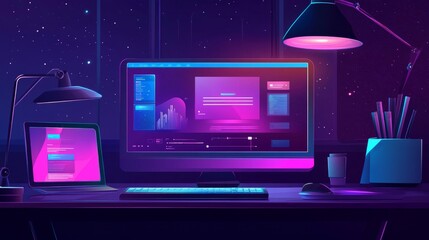 Poster - A vibrant workspace featuring a computer and tablet with a digital interface and colorful lighting.