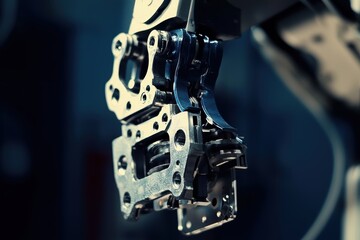 Poster - Close-Up of a Metallic Robotic Arm Component with Intricate Mechanical Details and Industrial Design, Showcasing Precision Engineering and Modern Technology