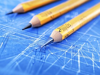 Poster - Close-up of Yellow Pencils on Technical Blueprint Background Showcasing Detailed Designs and Precision Lines for Design and Engineering Projects