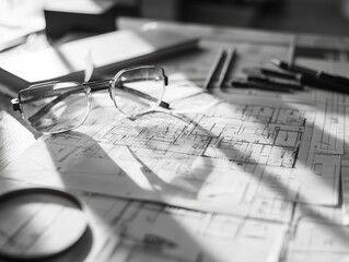 Poster - Black and White Image of Architectural Plans with Glasses and Pens on a Table, Capturing the Essence of Design and Creative Process in the Working Environment