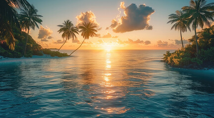 Aufkleber - Front view of beautiful exotic island with lush landscape and palm trees surrounded by a clear blue ocean, clear sky, sunset.