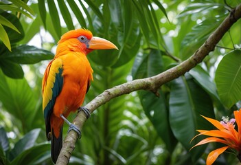 Bird with an orange plumage and a distinctive beak, perched high in the lush canopy of a towering green tropical tree