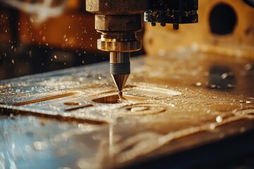 Poster - Close-Up View of Precision CNC Milling Machine Cutting Metal with Sparks Flying, Showcasing Advanced Technology in Manufacturing and Metalworking Processes
