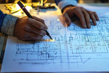 Poster - Detailed Architectural Blueprint Analysis with Hands Holding a Pen in a Constructive Environment, Illustrating Design Precision and Technical Skill in Engineering Projects