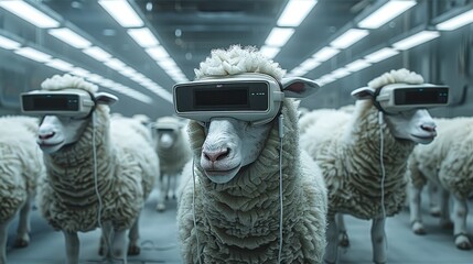 Poster - In a futuristic indoor scene, with a group of sheep wearing VR glasses, a cable box feeding tube plugged into their heads, futuristic technology.