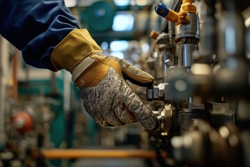 Poster - Close-Up of Hand Adjusting Industrial Valve in Factory Setting with Equipment and Background Blur, Showcasing Safety Gloves and Precision Engineering Practices