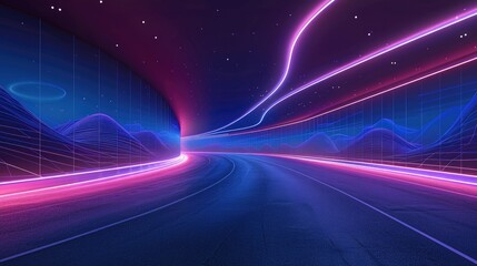 Poster - Technology roads, dark blue lines, purple, dark background.