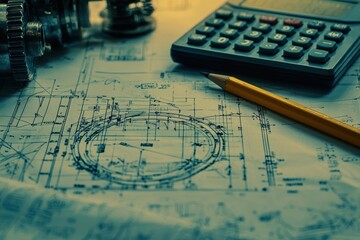 Poster - Detailed Technical Blueprint Layout with Tools, Calculator, and Pencil on Work Desk for Engineering and Architectural Design Projects