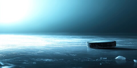 Poster - A solitary hockey puck rests on a smooth, illuminated ice surface.