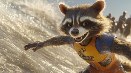 Poster - A raccoon character surfing on a wave, showcasing action and excitement.