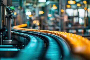 Poster - Close-Up View of a Modern Conveyor Belt System in an Industrial Setting with Blurred Background and Warm Ambient Lighting