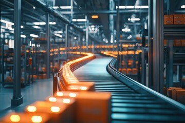 Poster - Industrial Conveyor Belt Transporting Packages in Modern Warehouse with Bright Lighting and Efficient Organization for Logistics and Supply Chain Management