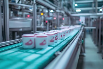 Poster - Modern Automated Production Line Featuring Ice Cream Containers in a Factory Setting with Advanced Machinery and Efficient Workflow