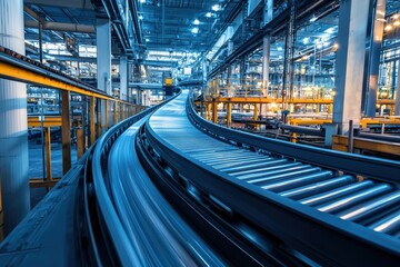 Poster - Industrial Conveyor System in a Modern Manufacturing Facility with Bright Lighting and Smoothly Curving Track for Efficient Product Transportation and Processing