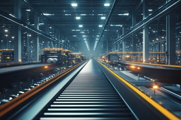 Poster - Futuristic Warehouse Interior with Conveyor Belts and Advanced Logistics Technology Captured in an Industrial Setting with Soft Lighting Effects