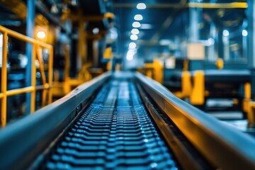 Poster - Industrial Conveyor Belt in a Modern Warehouse with Bright Lighting and Machinery in the Background, Designed for Efficient Material Handling Operations
