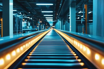 Poster - A Glowing Conveyor Belt Illuminates a Modern Industrial Factory Interior with Vibrant Lighting, Capturing the Essence of Automation and Technology in Manufacturing Settings