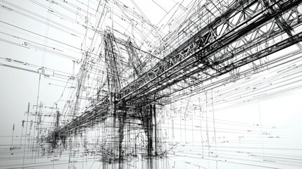 Poster - Detailed Architectural Wireframe of a Bridge Structure Showcasing Engineering Precision and Technical Complexity in a Minimalist Design Environment