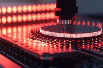 Poster - Close-Up View of a Laser Cutting Machine in Action, Highlighting Precision Work and Intricate Details on a Circular Metal Plate with Red Illuminated Background
