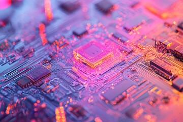Poster - Abstract Close-Up of a Colorful Circuit Board with Glowing Components and Intricate Patterns, Reflecting Modern Technology and Innovation in Digital Electronics