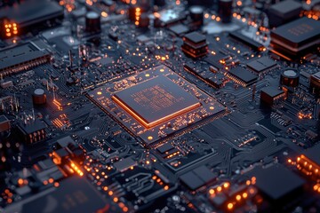 Poster - Intricate Close-Up of Electronic Circuit Board with Glowing Components Showcasing Advanced Technology and Digital Innovation in a Dark Environment